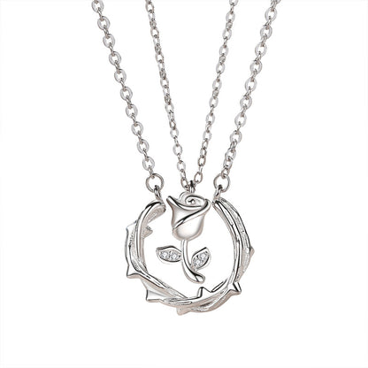 Women's & Men's Couple Sterling Sier Mori Creative Design Rose Clavicle Chain Necklaces