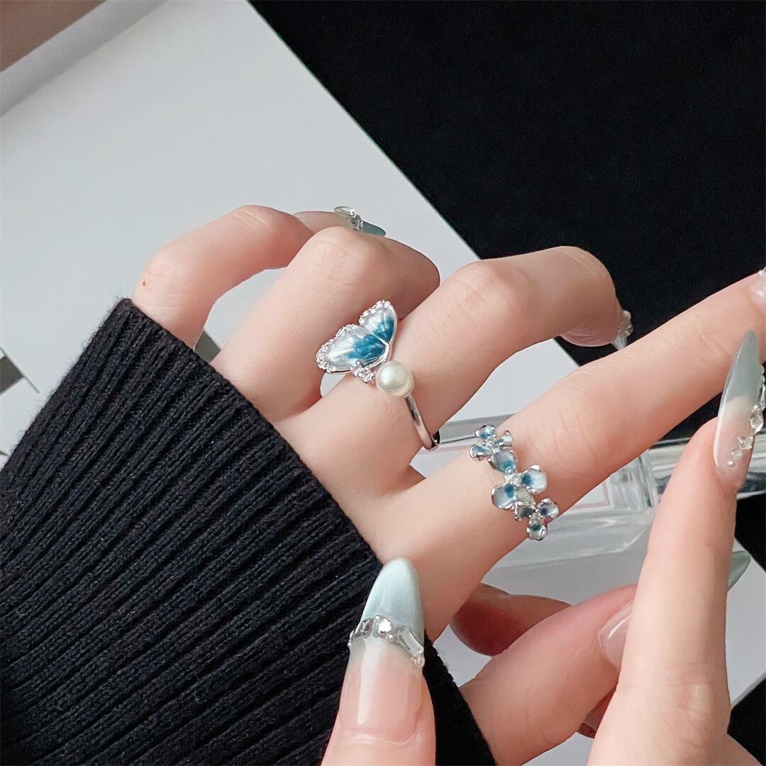 Women's Fresh Butterfly Exquisite Open Enamel Ice Rings