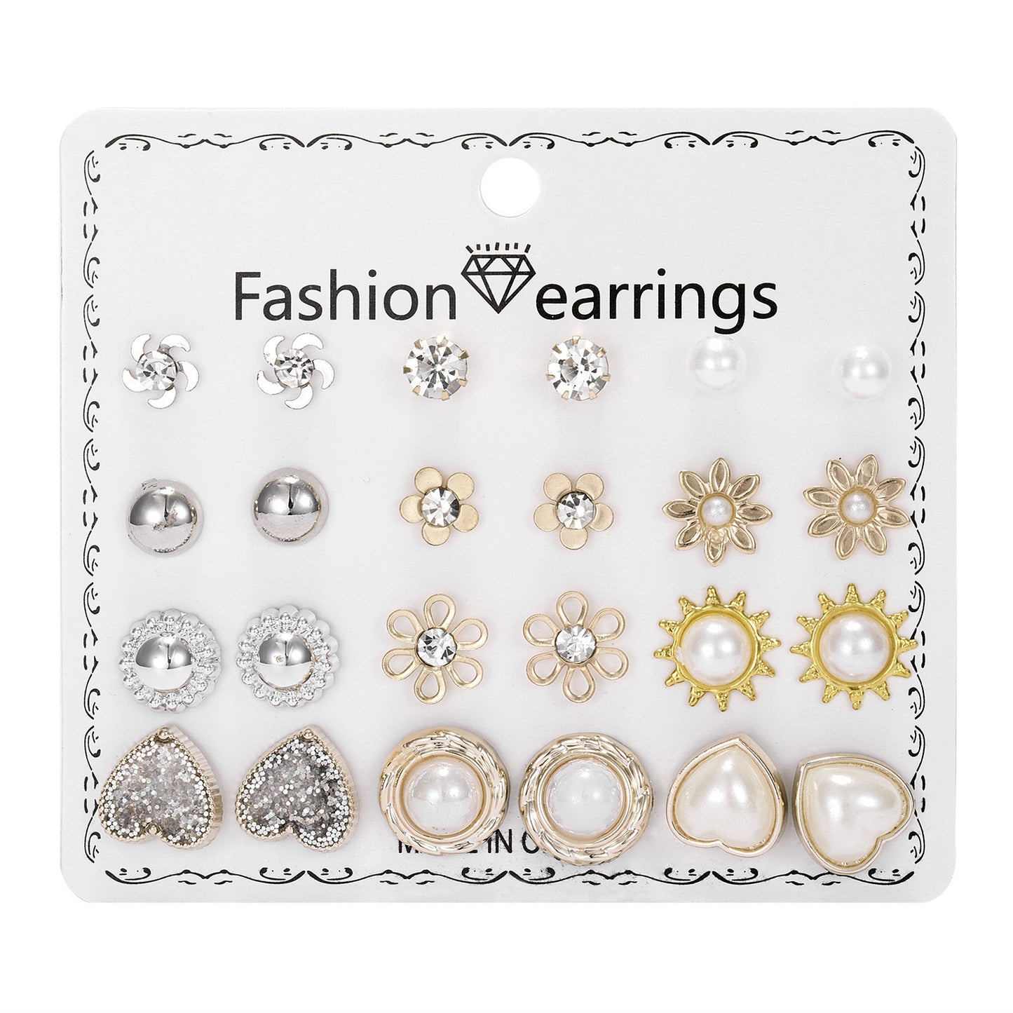 Month Earings Set Rhinestone Geometric Pearl Earrings