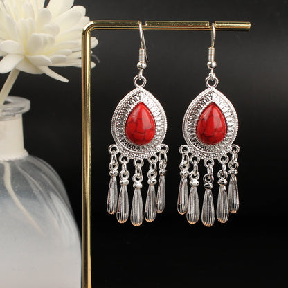 Tassel Turquoise Retro Imitation Miao Sier Minority National Style Earrings