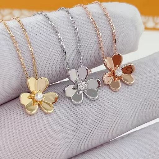 Quality Three Clover Female Full Diamond Petals Rose Gold Necklaces