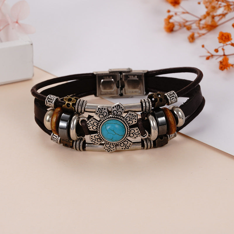 Men's Turquoise Stainless Steel Leather Hand-woven Cowhide Bracelets