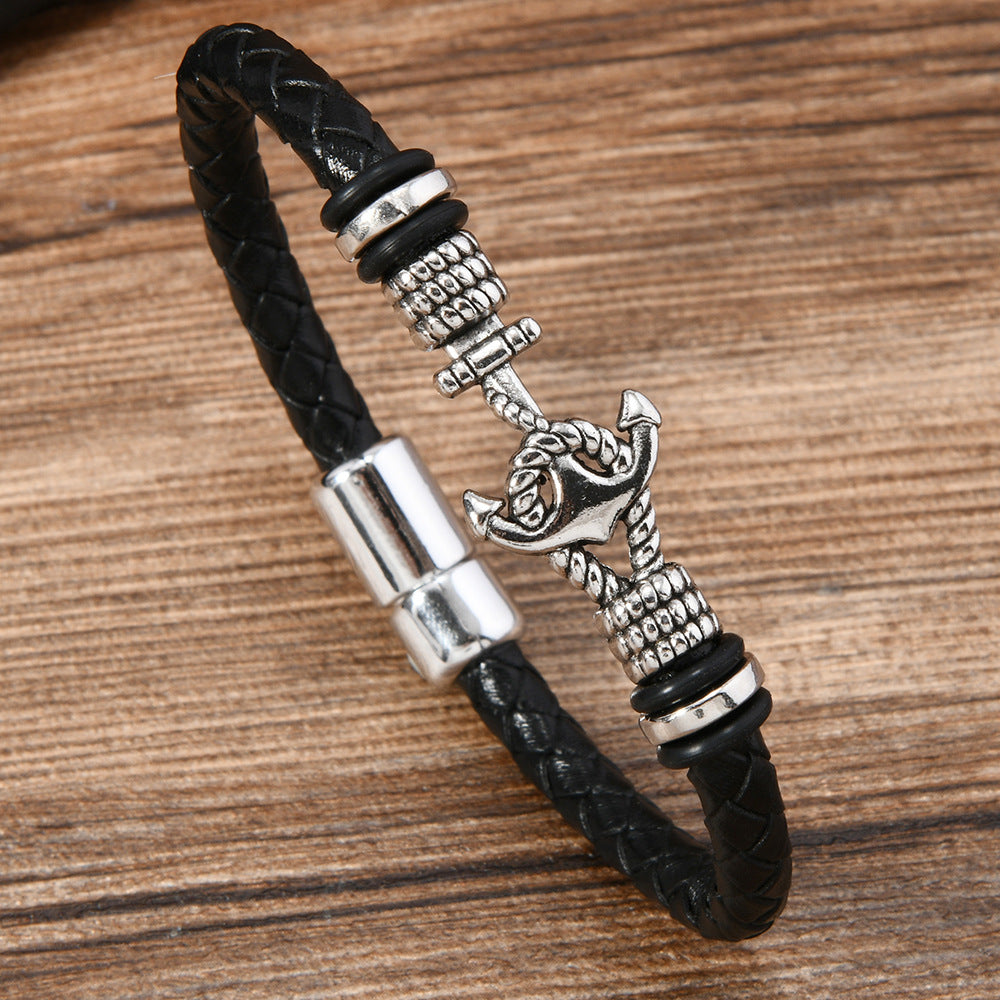 Men's Dumbbell Black Leather Woven Football Personalized Bracelets