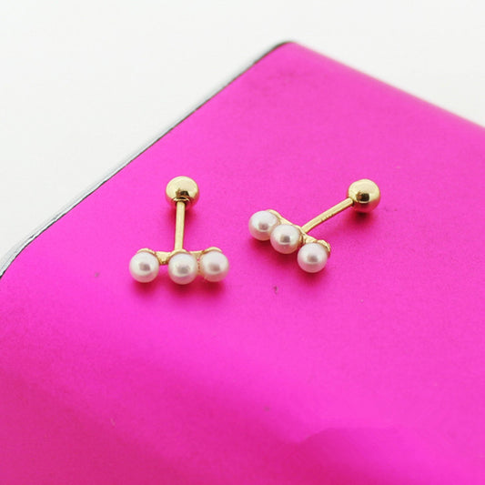 Sier Female Three Pearl Ball Plug Earrings