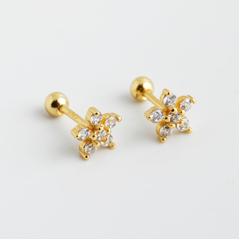 Women's Simple Fresh Flower Screw Sier Diamond Gold Earrings