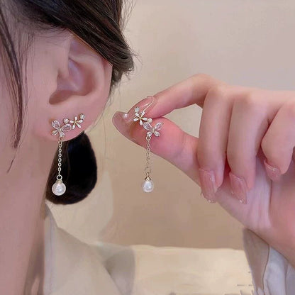 Women's Sier Needle Geometric Pearl Fashion Tassel Earrings