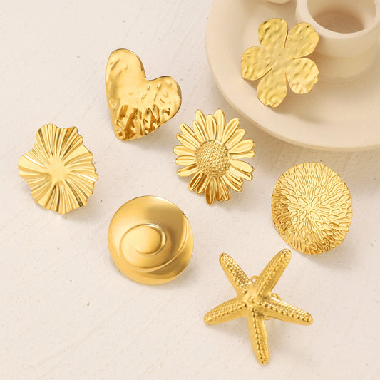 Stainless Steel Embossed Design Flower Starfish Love Rings