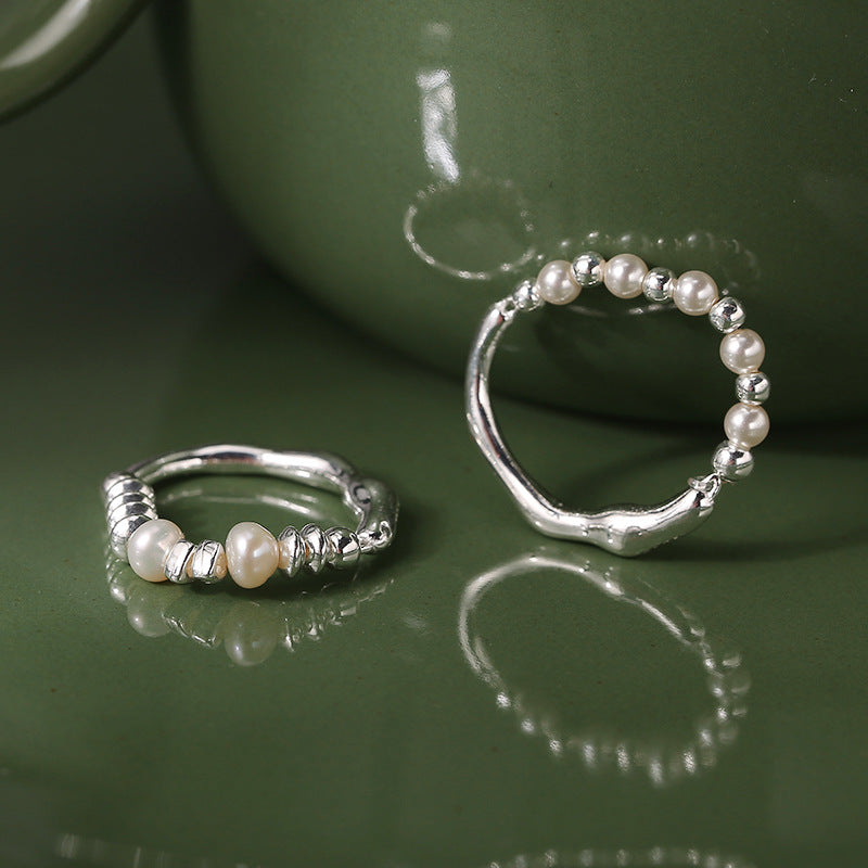 Sterling Sier Irregular Small Pieces Of Pearl Female Retro Rings