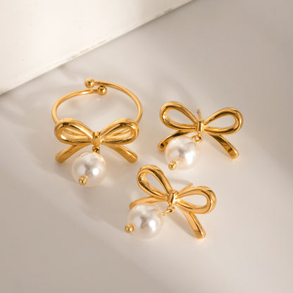 Unique Gold-plated Stainless Steel Bow Pearl Earrings