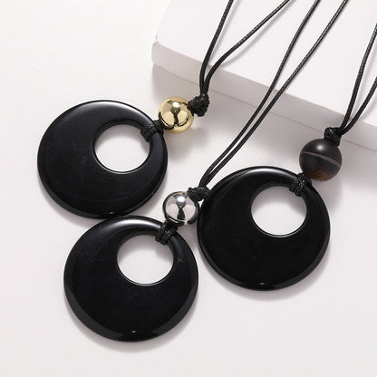 Women's Natural Black Agate Stone Rope Long Necklaces