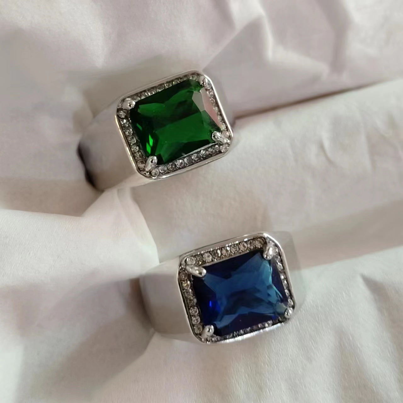 Domineering Square Sapphire Blue Corundum Diamond Full Open Rings