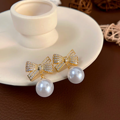 Sier Needle Inlaid Zirconium Bow Pearl High-grade Temperament Rings