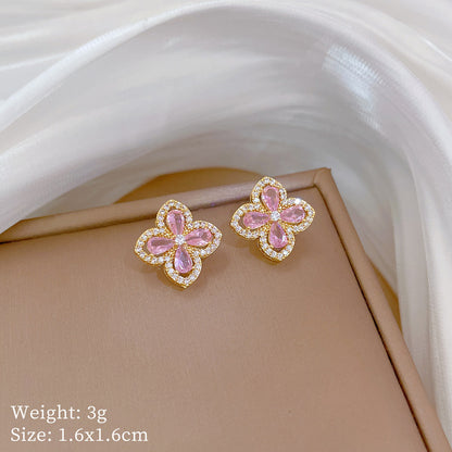 Suite Light Luxury Full Diamond Four-leaf Earrings