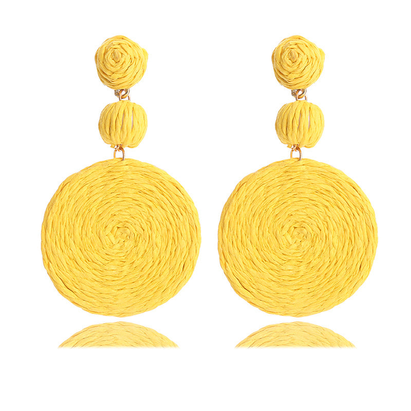 Bohemian Raffia Round Summer Beach Vacation Earrings