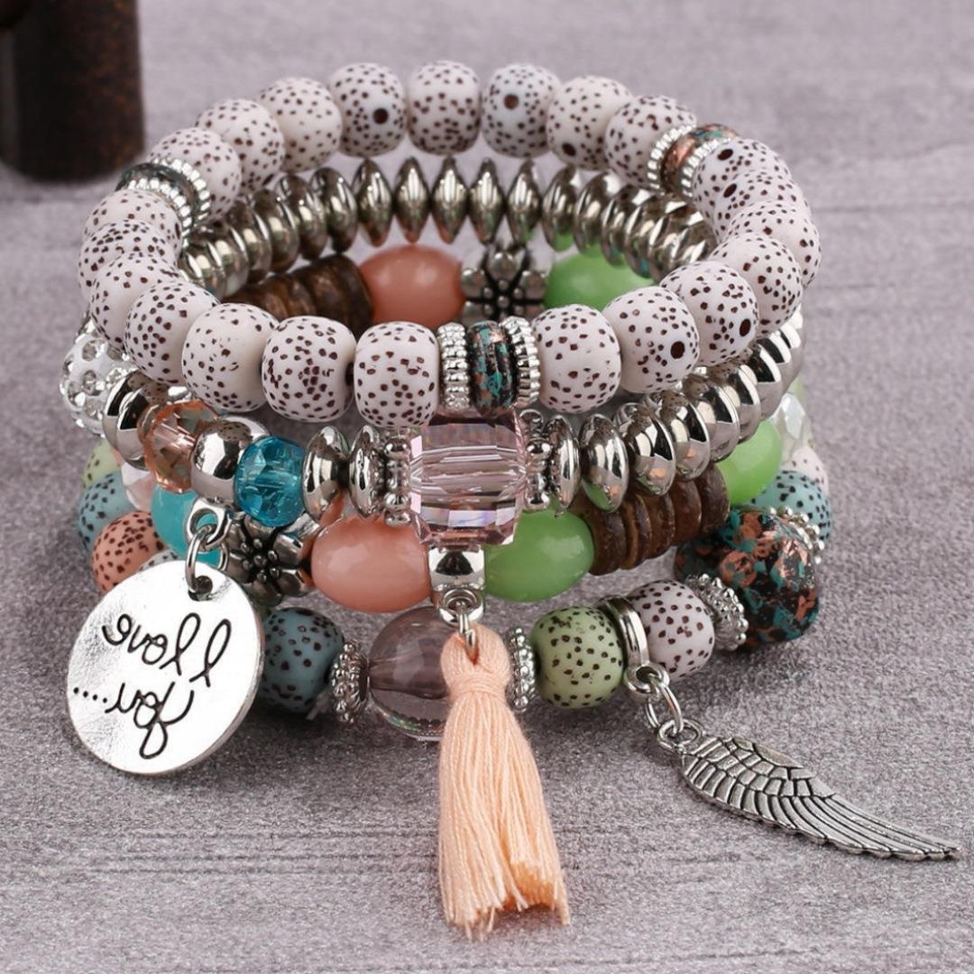 Crystal Contrast Color Turquoise Leaf Tassel Bracelets