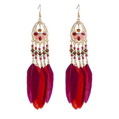 Ethnic Style Long Feather Temperamental Tassels Personality Earrings