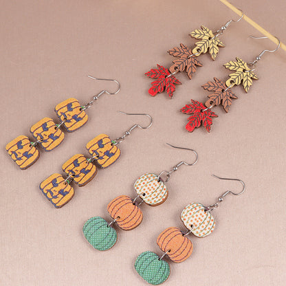 Halloween Three-piece Pumpkin Maple Leaf Wooden Earrings