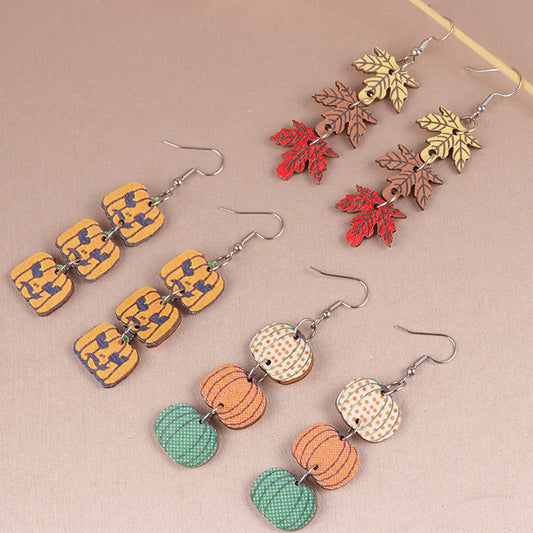 Halloween Three-piece Pumpkin Maple Leaf Wooden Earrings