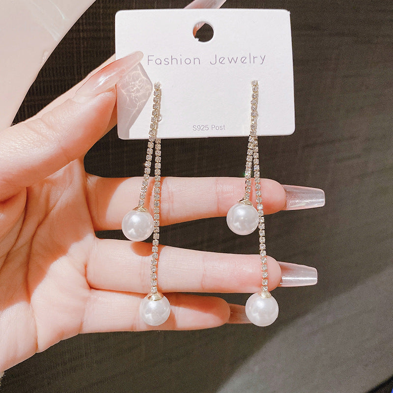 Needle Dignified Rhinestone Tassel Pearl Ear Earrings