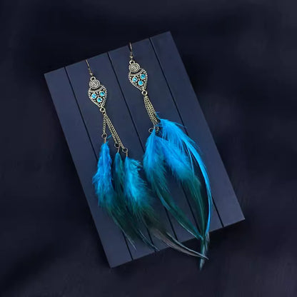 Ethnic Style Long Feather Temperamental Tassels Personality Earrings