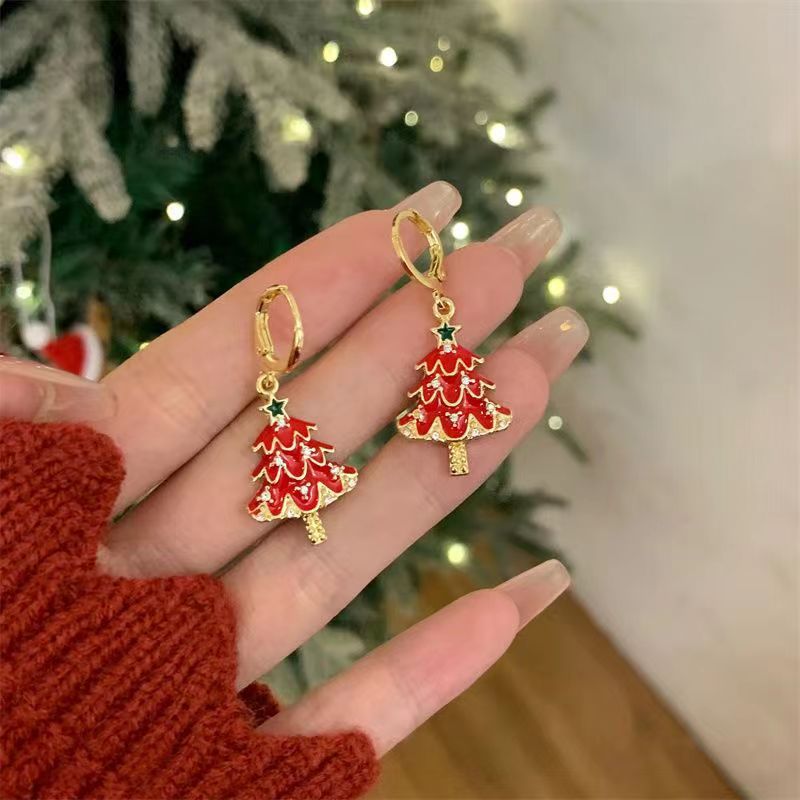 Christmas Female Red Bow Colorful Tree Earrings