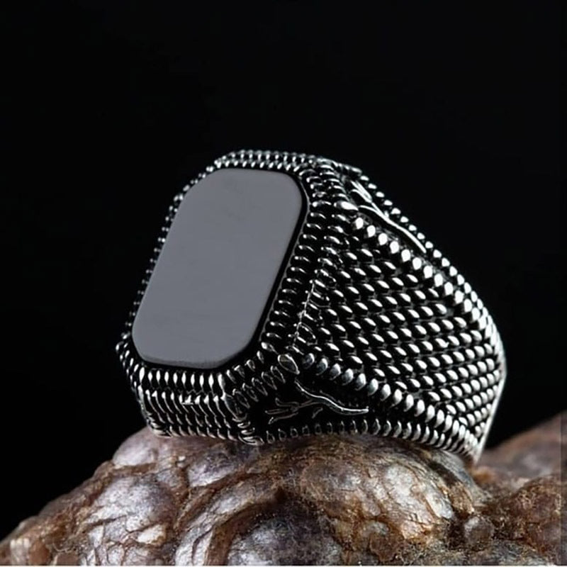 Men's Vintage Natural Black Square Agate Texture Rings