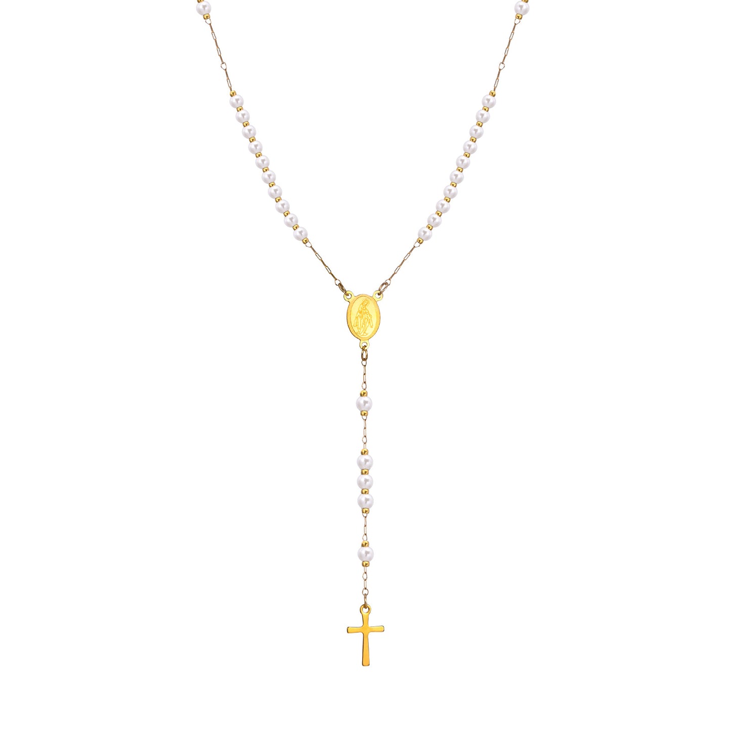 Women's Cross Imitation Pearl Beaded Long Golden Necklaces