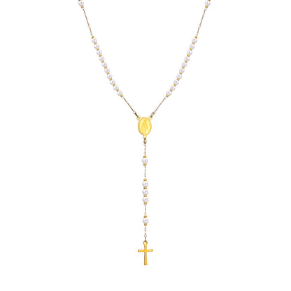 Women's Cross Imitation Pearl Beaded Long Golden Necklaces