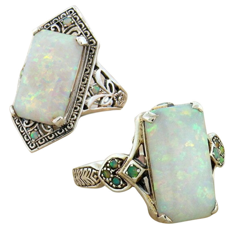 Women's White Opal Antique Sier Hand Jewelry Rings