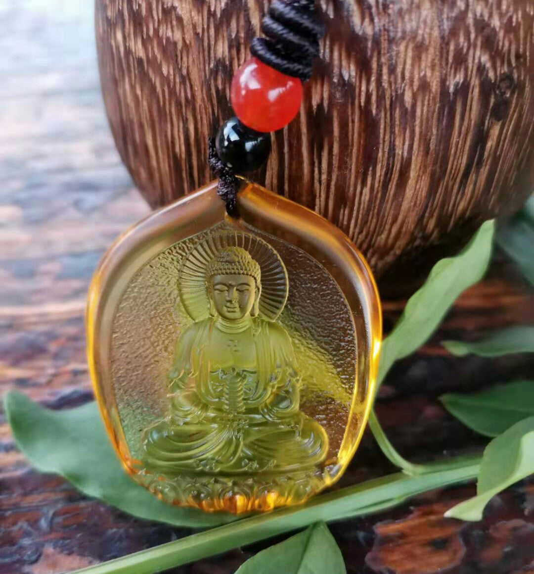 Style Mantra Glass Yellow Bodhisattva Amulet Stall Pendants