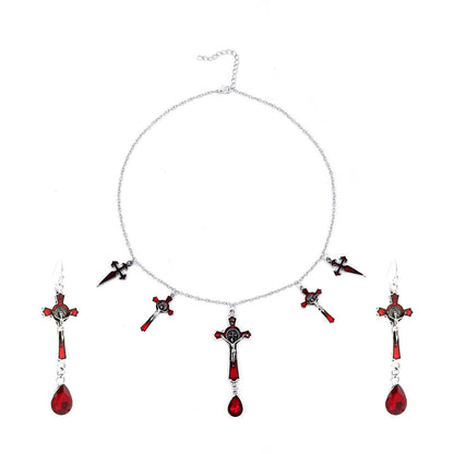 Goth Wind Exaggerated Red Water Drop Bat Cross Pendants