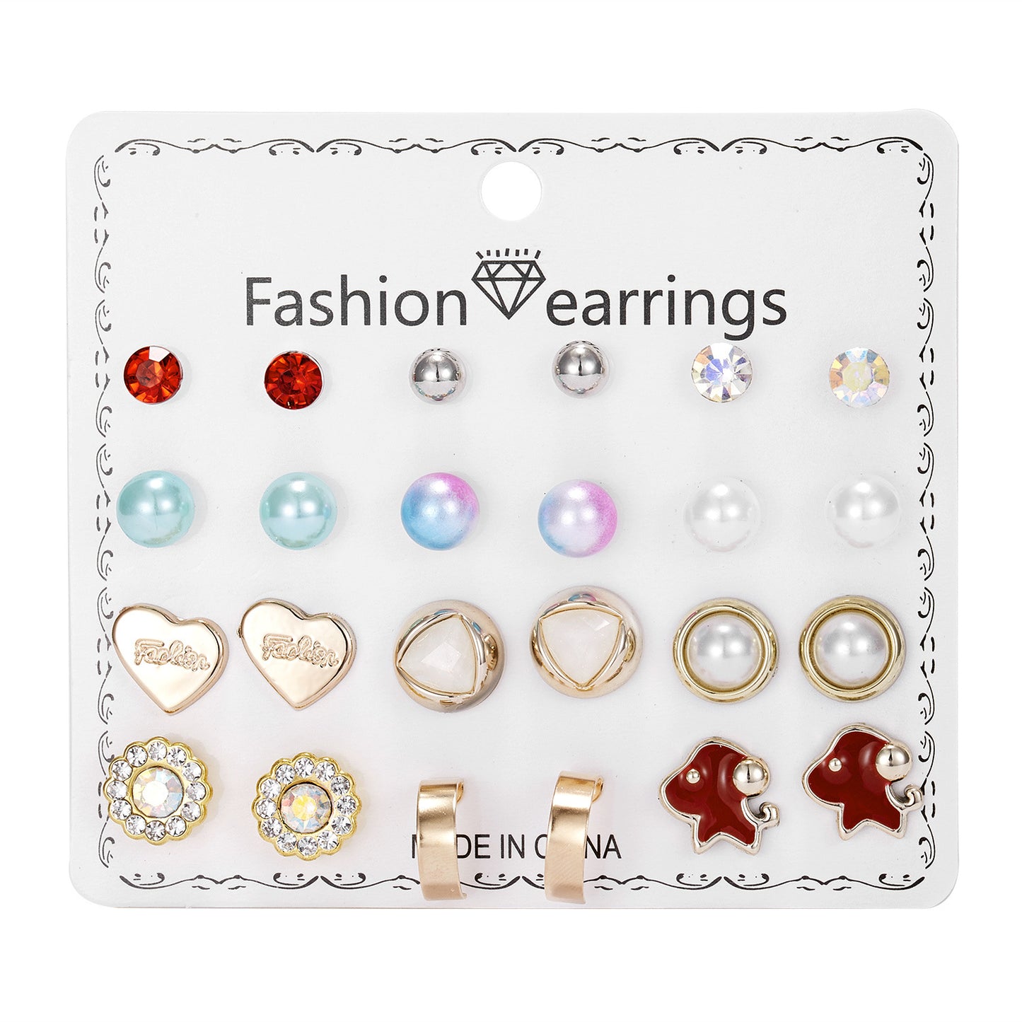 Month Earings Set Rhinestone Geometric Pearl Earrings