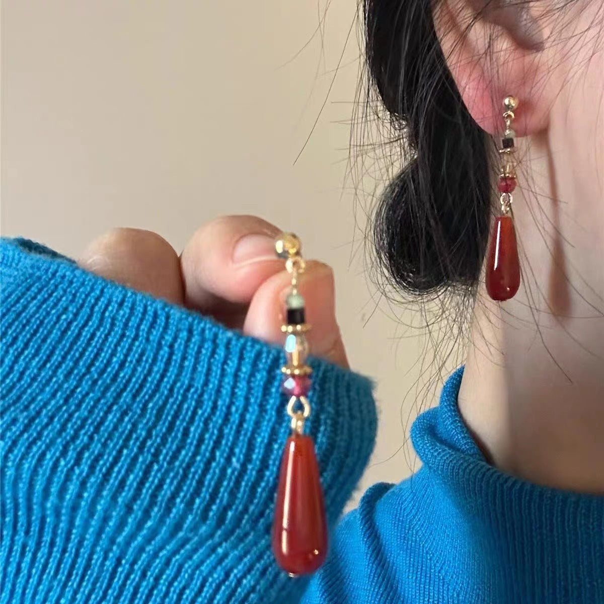 Women's Retro Red Water Drop Long Tassel High-grade Earrings