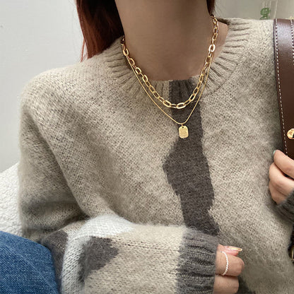 Women's Luxury Minority Design Sweater Chain English Square Plate Necklaces