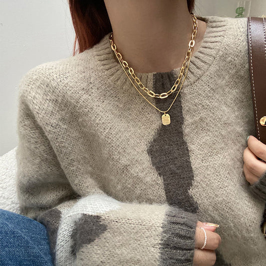 Women's Luxury Minority Design Sweater Chain English Square Plate Necklaces