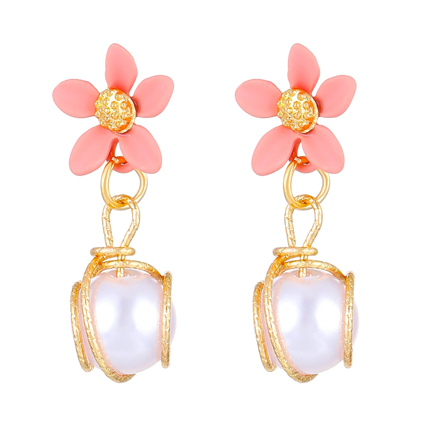 Pearl Small Flower Ear Pink Yellow Rings