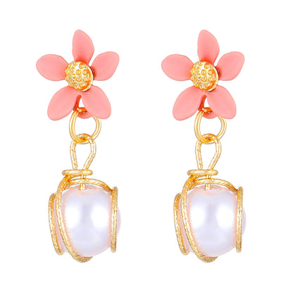 Pearl Small Flower Ear Pink Yellow Rings