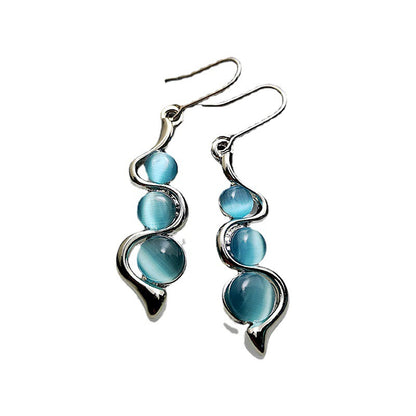 Curve Inlaid Sea Blue Cat Eye Earrings