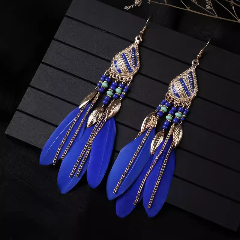 Ethnic Style Long Feather Temperamental Tassels Personality Earrings