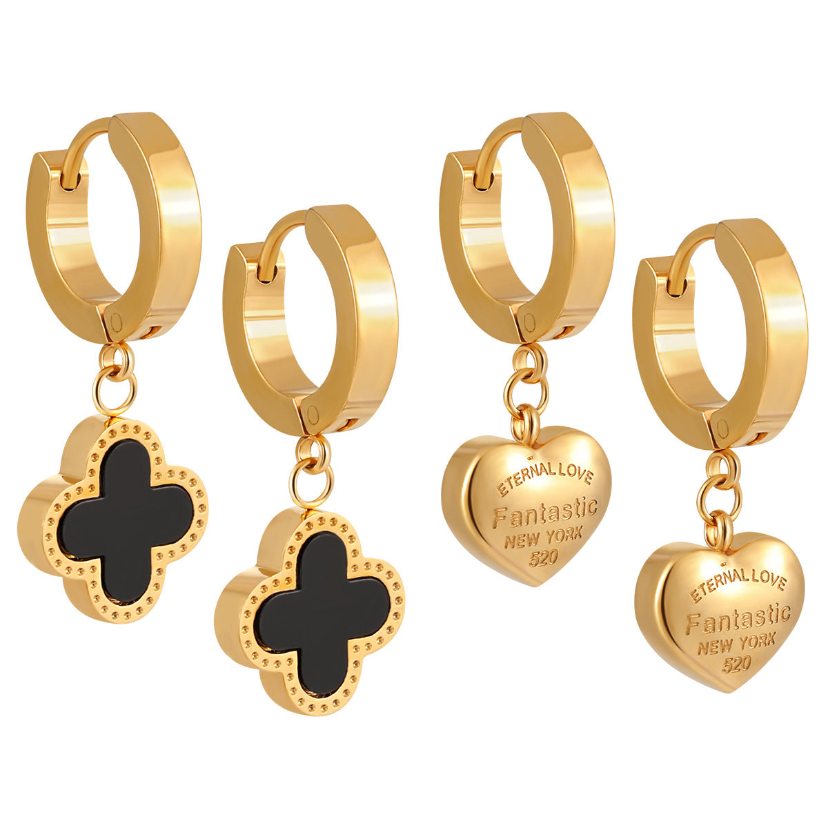 Niche Double-sided Clover Heart-shaped Ear Clip Earrings