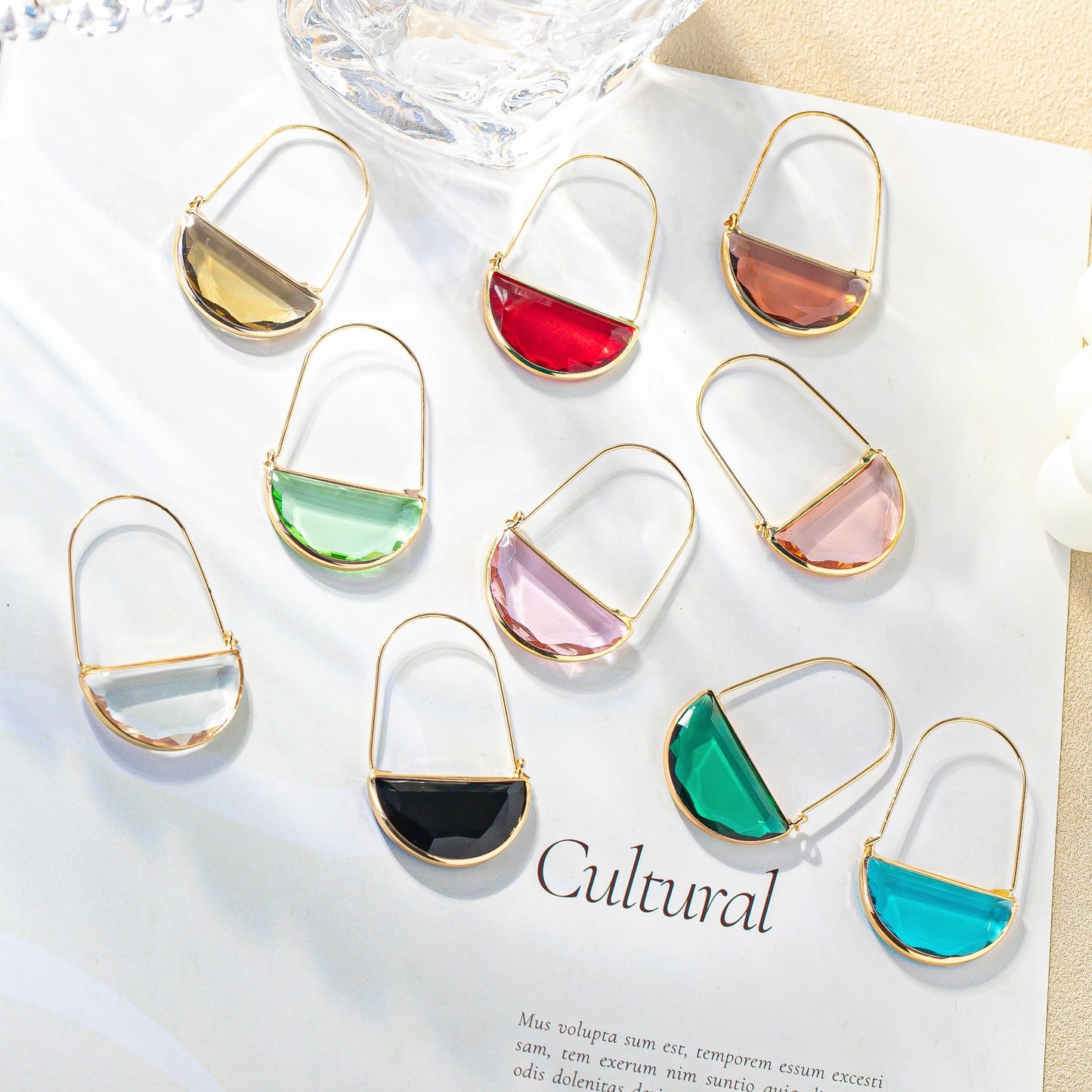 Ornament Simple Transparent Crystal Glass Semi-circle Female Earrings