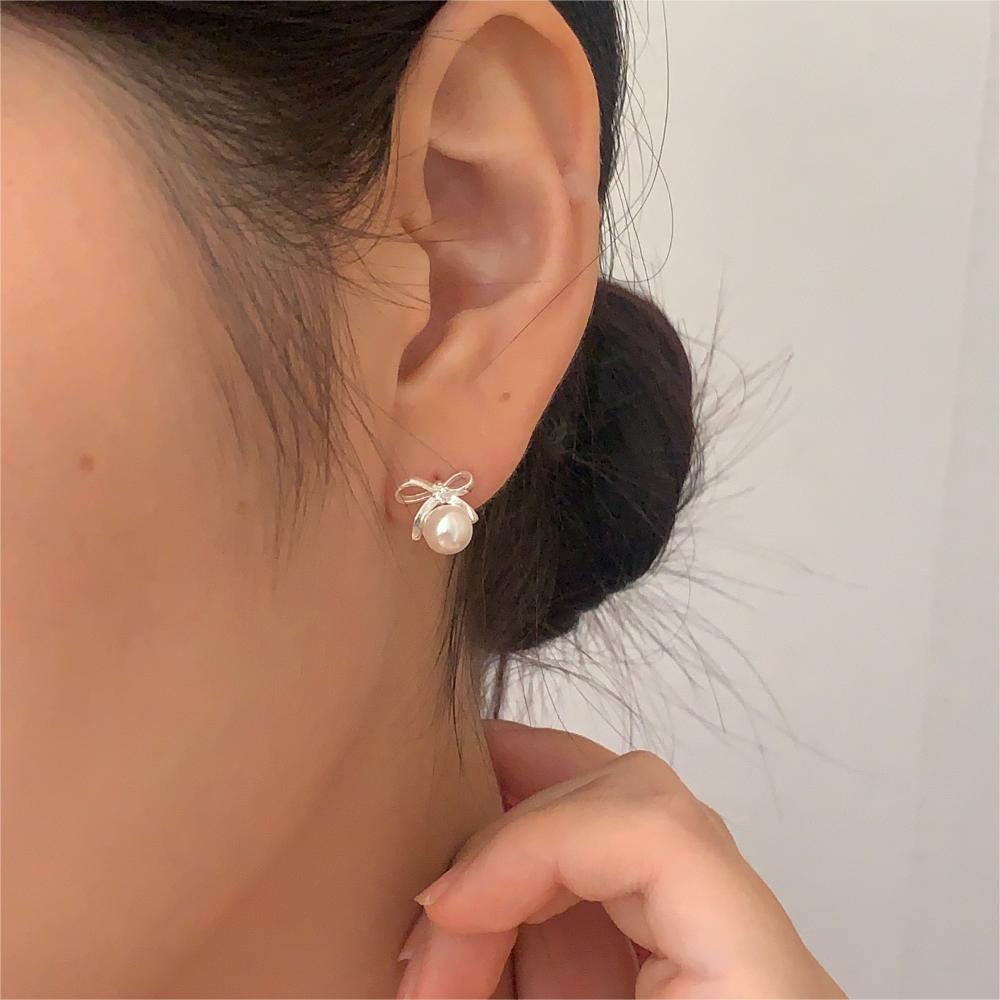 Korean Style Sterling Sier Bow Pearl Earrings