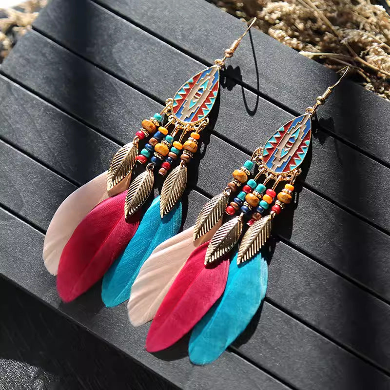 Ethnic Style Long Feather Temperamental Tassels Personality Earrings