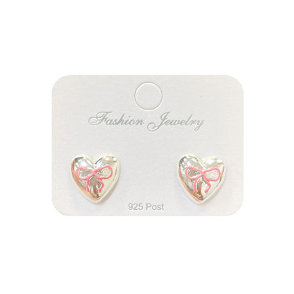 Women's Sweet Pink Bow Love Heart Sier Earrings