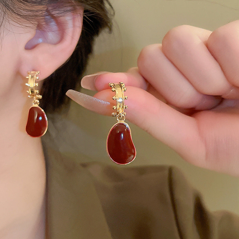 Gold Electroplated Sier Needle Red Dripping Earrings