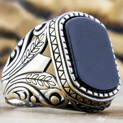 Men's Vintage Natural Black Square Agate Texture Rings