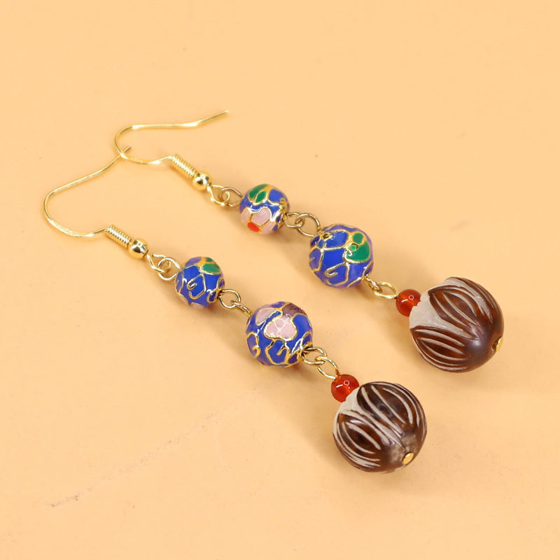 Ethnic Style Cloisonne Bodhi Carved Lotus Earrings