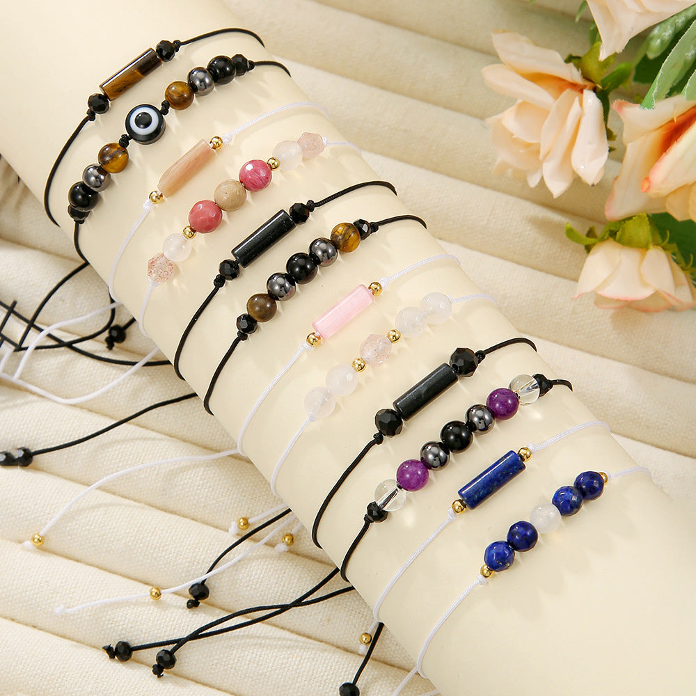 Woven Handmade Beaded Stone Cylindrical Amethyst Tiger Eye Bracelets