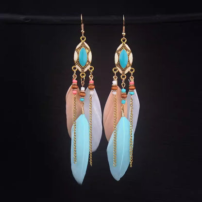 Ethnic Style Long Feather Temperamental Tassels Personality Earrings