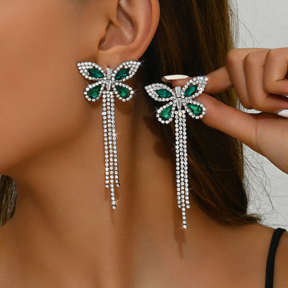 Light Luxury Claw Chain Full Diamond Butterfly Tassel Earrings